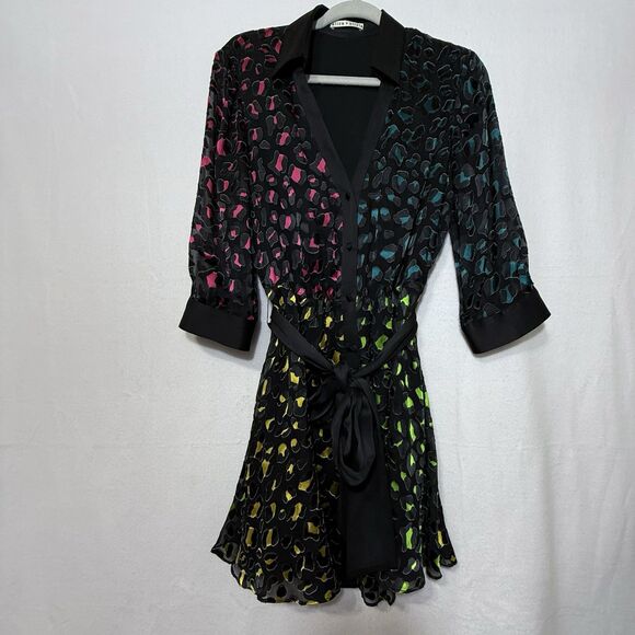 Alice + Olivia Raja Burnout Rainbow Leopard V-Neck Mini Shirt Dress Size 10 READ - Picture 1 of 16